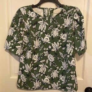 MELLODAY Green Black White Floral Print Short pleated Sleeved Blouse Small